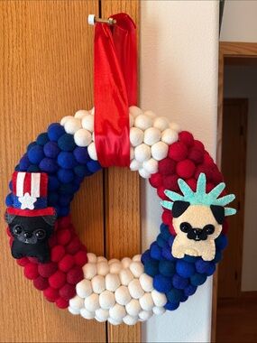 Handmade Patriotic Red White & Blue Pug Holiday Wreath